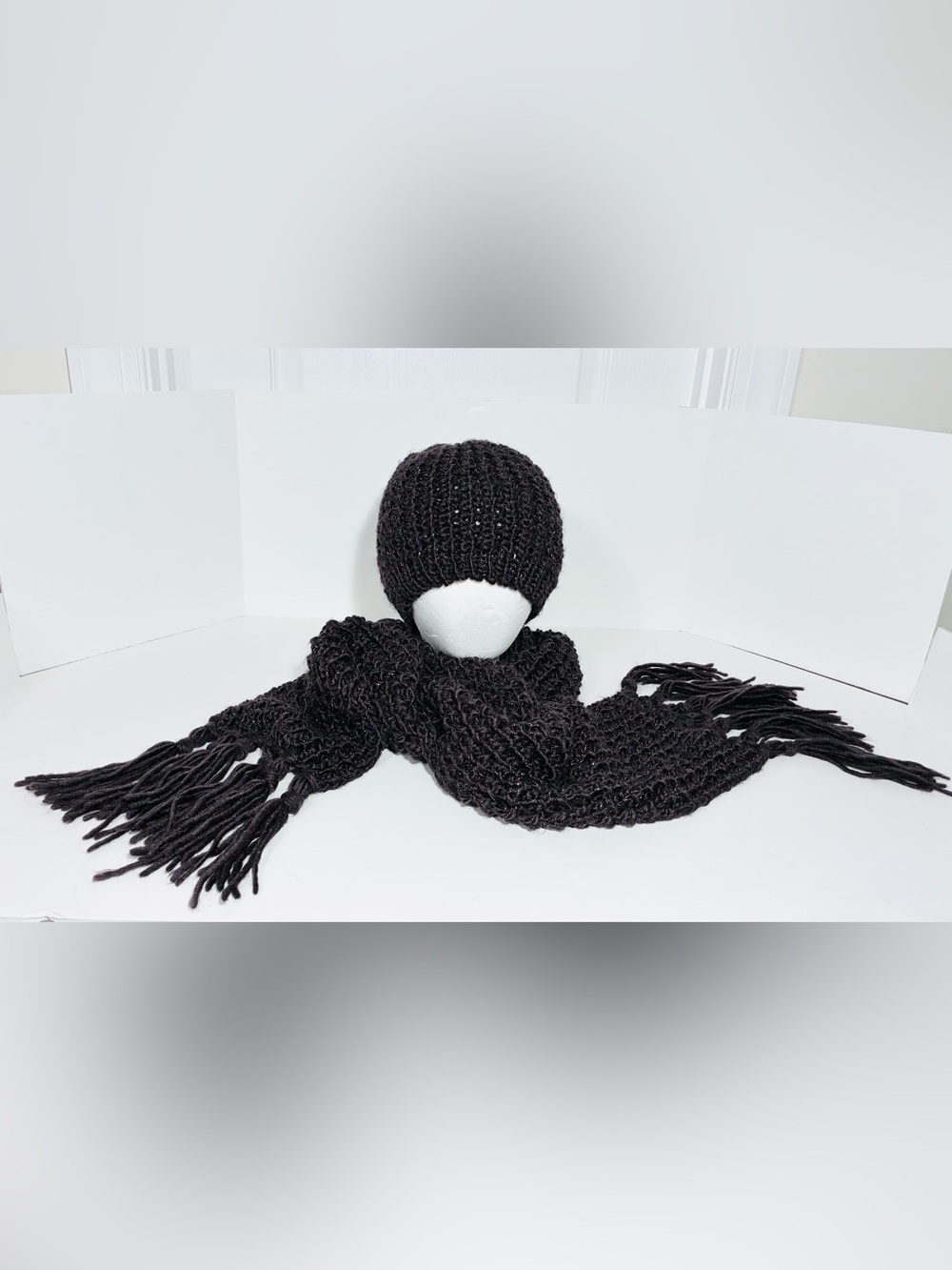 Y2K La Fiorentina Brown Metallic Chunky Knit Beanie Scarf Set OS